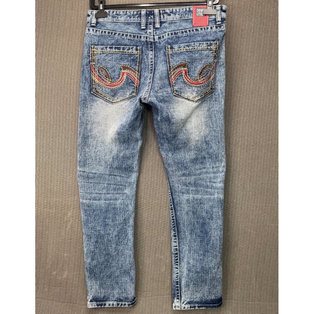 Demolition Jeans Mens Size 36 Blue Denim Straight Fit Embroidered Pockets - Picture 2 of 10